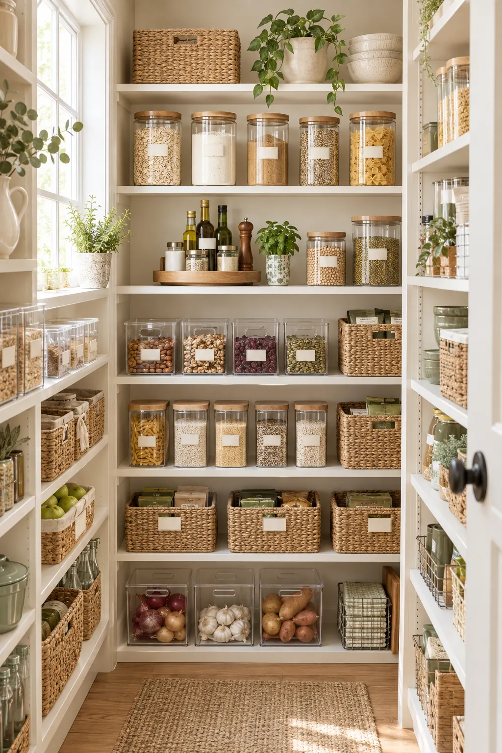 Organized pantry shelves with clear acrylic bins, glass canisters, and woven baskets